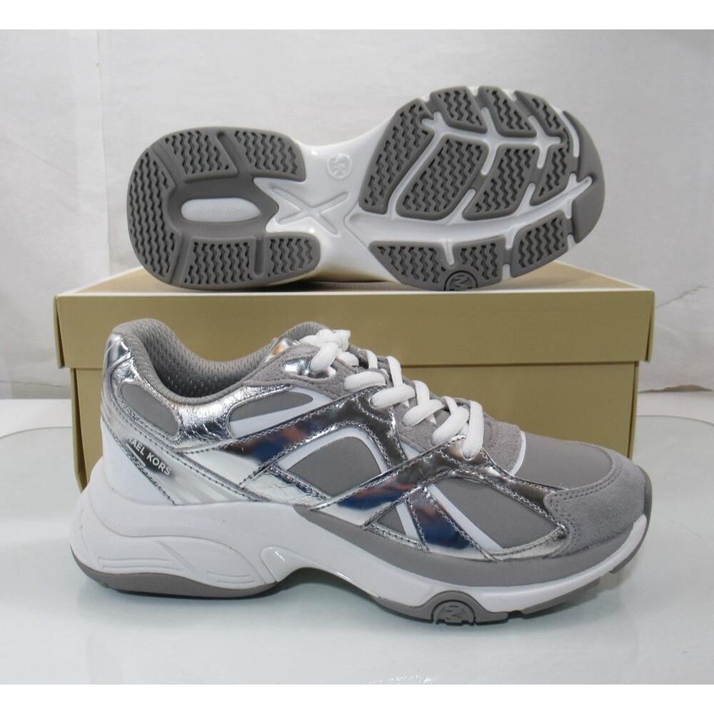 Michael Kors Leo Trainer Lace Up Sneakers MK Signature Silver - Picture 10 of 11